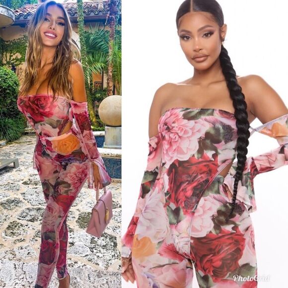 Fashion Nova Blame It On The Rose Legging Red/Combo Set 1X Bell Sleeve Bodysuit - Picture 1 of 11